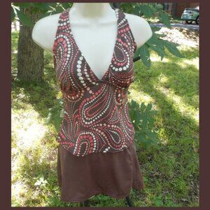 Chocolate Halter Tankini with Swirls of Orange and Cream Dots...by SOUTH POINT